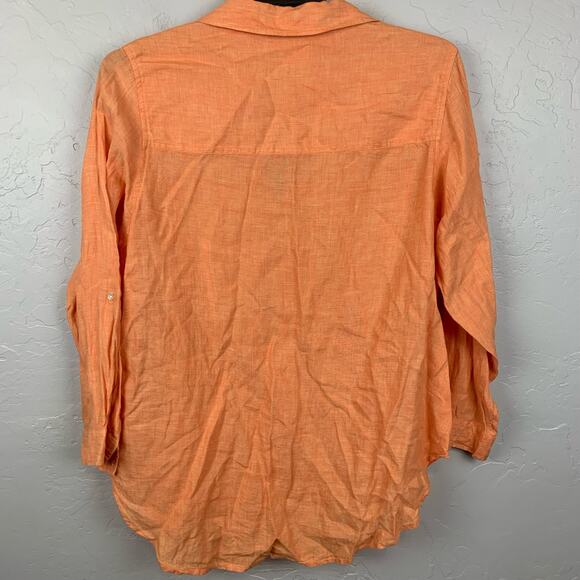 Sigrid Olsen Orange Linen Top Sizse 1X Roll Tab Sleeve V Neck Button Up Relaxed - Picture 2 of 7